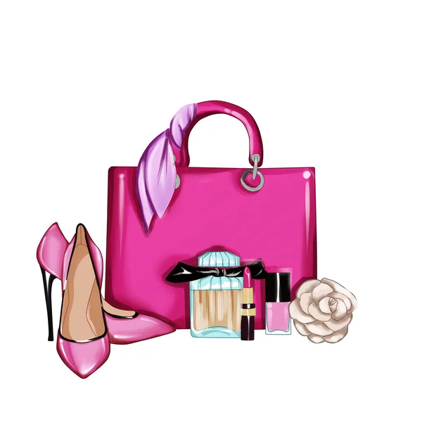 Рука рисованные иллюстрации - фон - дизайнер моды сумка с обуви, косметики и цветок розы на белом фоне — стоковое фото