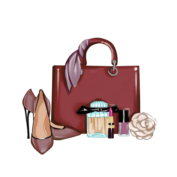 Рука рисованные иллюстрации - фон - дизайнер моды сумка с обуви, косметики и цветок розы на белом фоне — стоковое фото