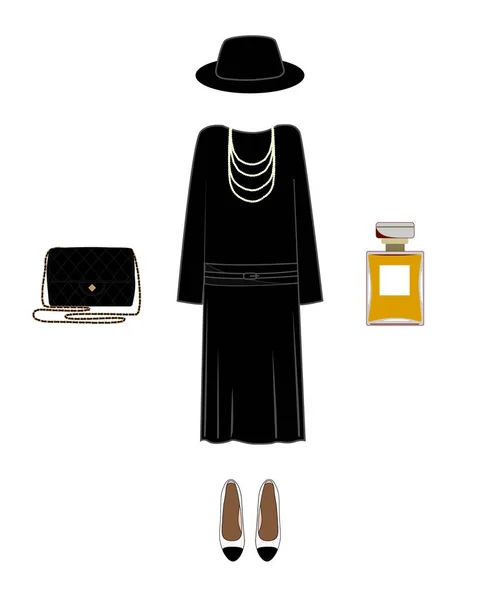 Векторный силуэт классический образ леди. Платье, обувь, шляпа, сумка и духи — стоковый вектор