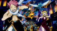 Natsu, Lucy, and Happy running from Rune Knights